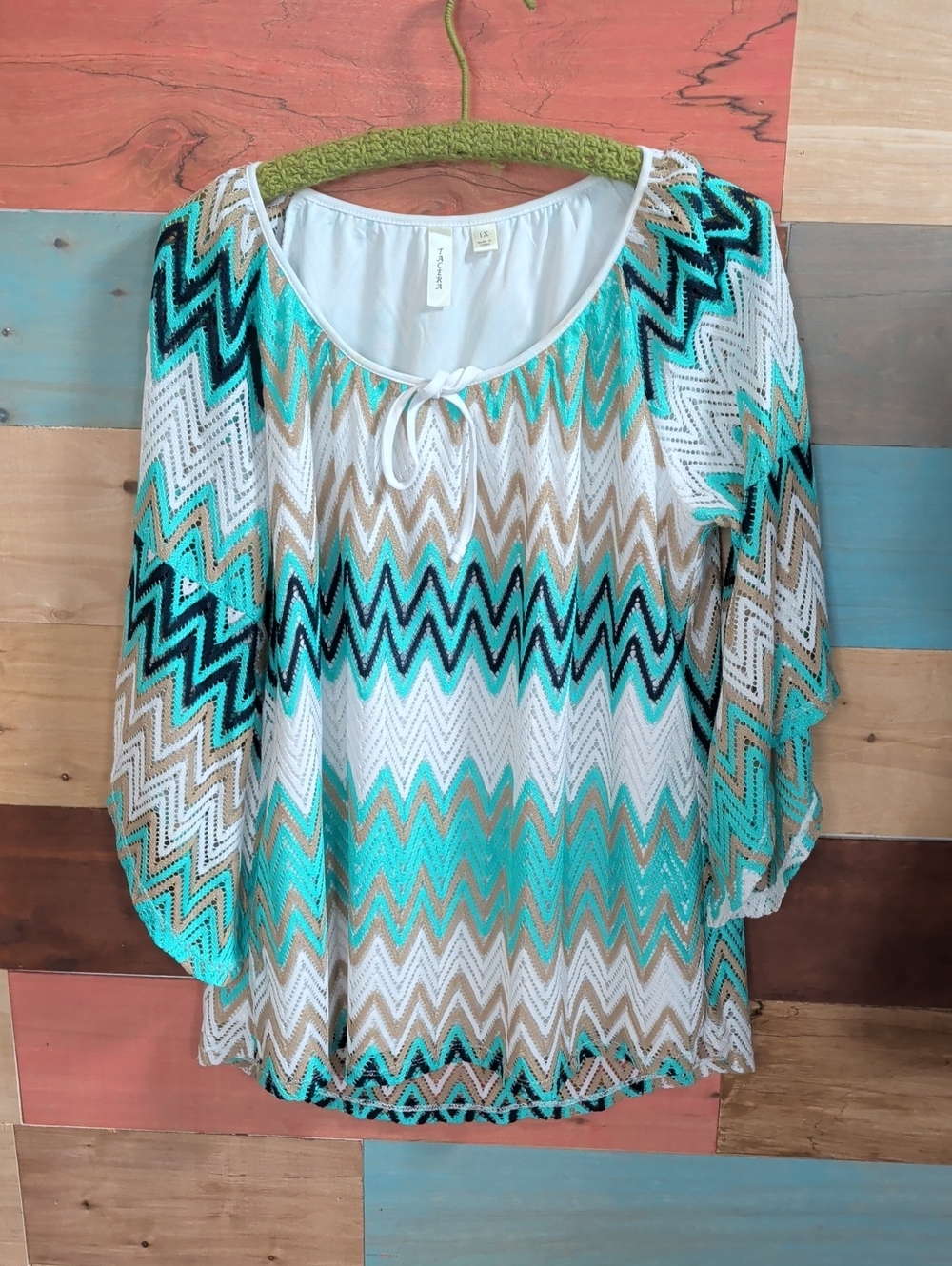 Tacera Chevron Peasant Tunic - White, Teal & Tan